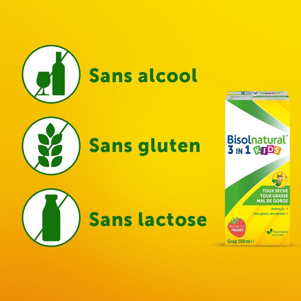 Emballage Bisolnatural 3 en 1 Kids. Texte : Sans alcool, gluten, lactose. Arôme fraise.