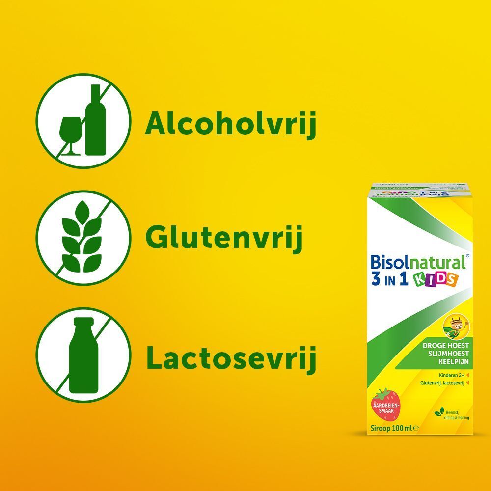 Bisolnatural 3 in 1 Kids verpakking. Tekst: Zonder alcohol, gluten, lactose. Met aardbeiensmaak.