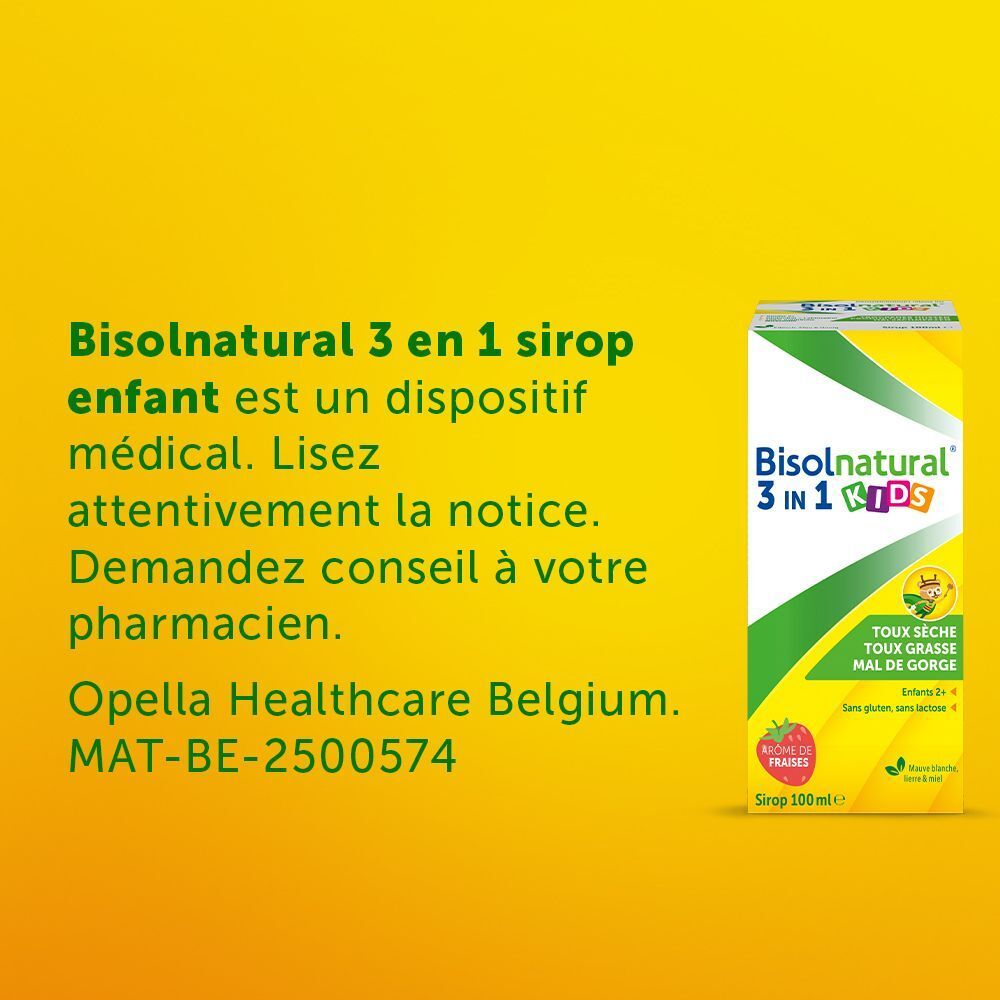 Texte sur Bisolnatural 3 en 1 Kids. Dispositif médical. Opella Healthcare Belgium. MAT-BE-2500574.