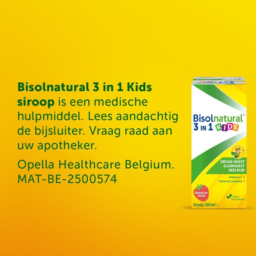 Tekst over Bisolnatural 3 in 1 Kids. Medisch hulpmiddel. Opella Healthcare Belgium. MAT-BE-2500574.