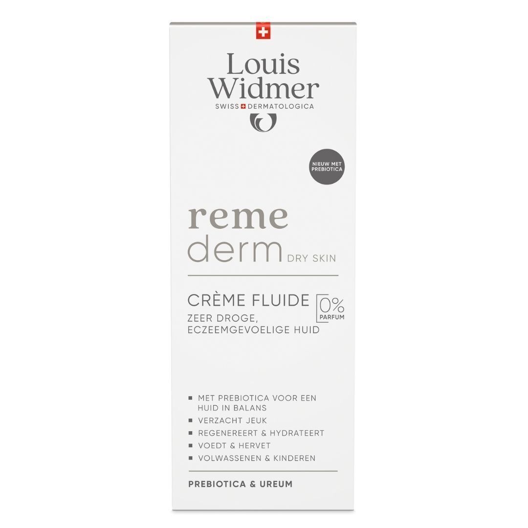 Witte verpakking van Louis Widmer Remederm Crème fluide. Productnaam, logo en tekst zichtbaar. Met prebiotica.