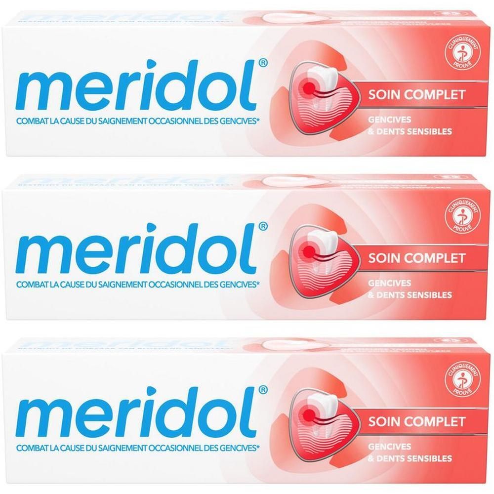 Drie tubes tandpasta. Merk meridol®, Soin Complet, Gencives & Dents Sensibles. Witte en rode verpakking.
