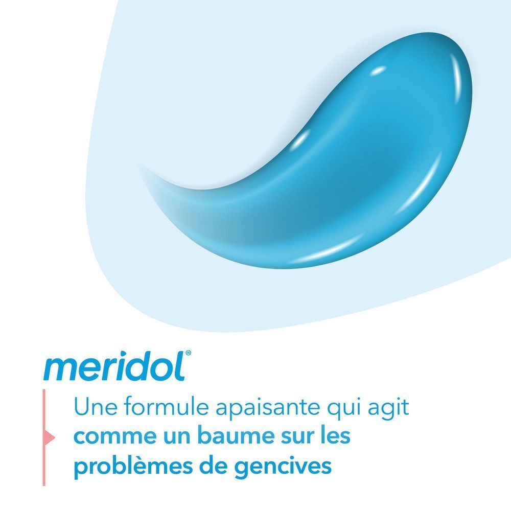 Fond bleu avec texte: meridol®, Une formule apaisante qui agit comme un baume sur les problèmes de gencives.