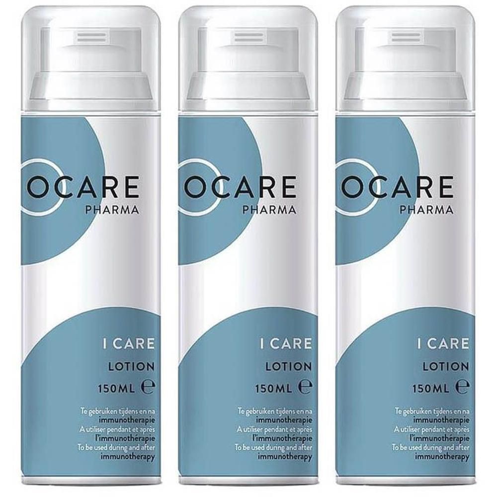 Drie flessen Ocare I Care Lotion. Witte flessen met blauw design en pompdop. Tekst: Ocare Pharma, I Care Lotion, 150ml.