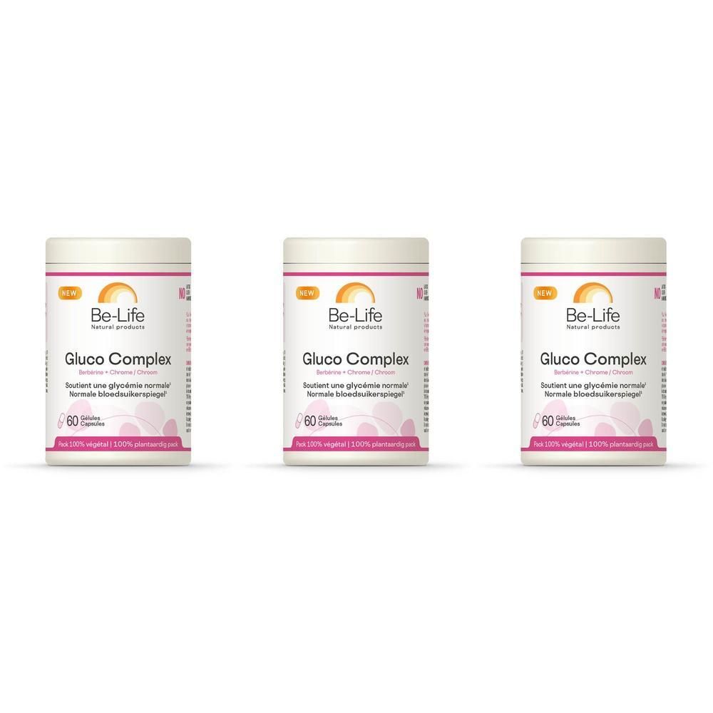 Drie witte potten met roze etiketten. Opschrift: Be-Life, Gluco Complex, 60 capsules. Veganistisch.