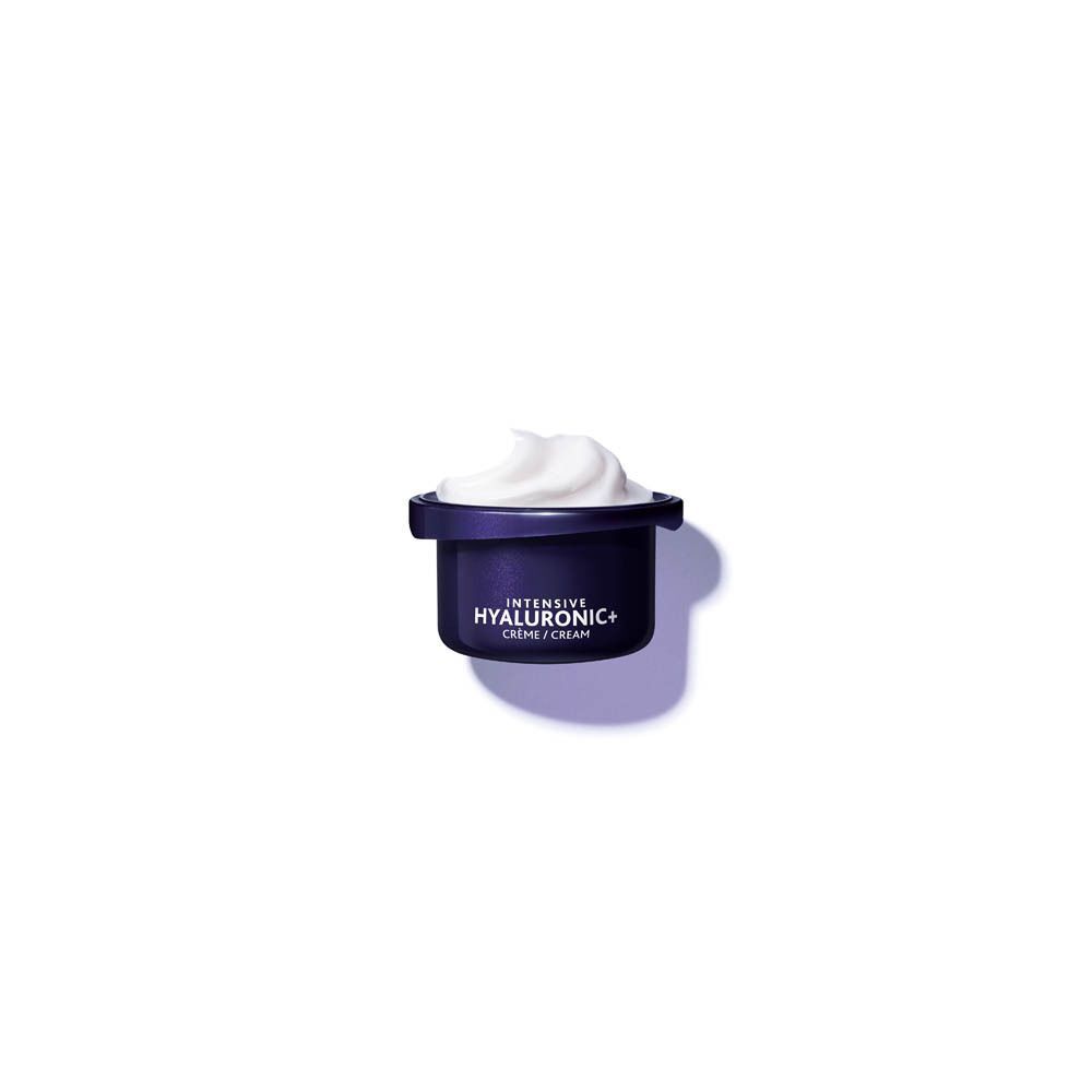 Pot bleu foncé avec crème blanche. Inscription: INTENSIVE HYALURONIC+ CREME / CREAM.
