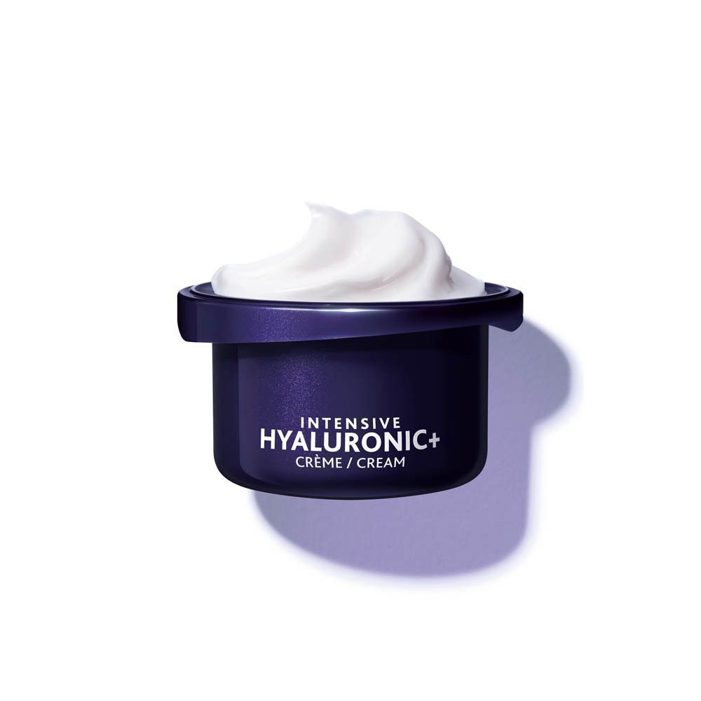 Donkerblauwe pot met witte crème. Opschrift: INTENSIVE HYALURONIC+ CREME / CREAM.