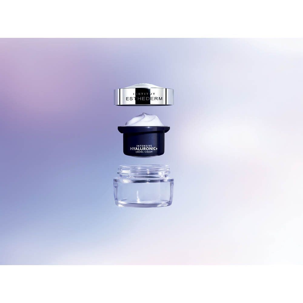 Pot, couvercle et récipient en verre. Inscription: INTENSIVE HYALURONIC+ CREME / CREAM et INSTITUT ESTHEDERM.