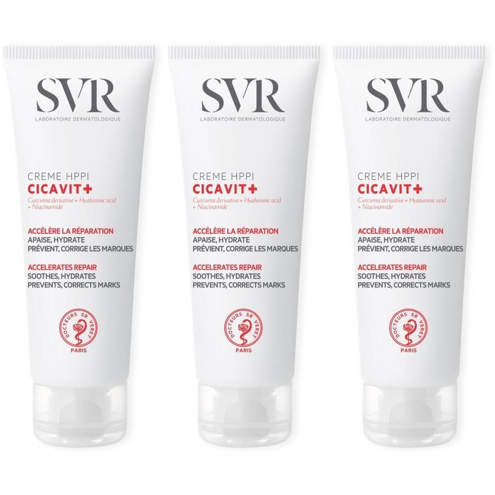 Drie witte tubes met rode en zwarte tekst. Elke tube toont "SVR", "CICAVIT+" en andere productinformatie.