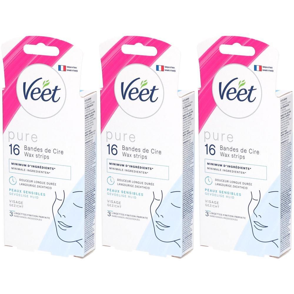 Trois boîtes de bandes de cire Veet pure pour le visage. Chaque boîte contient 16 bandes. Emballage avec des accents roses.