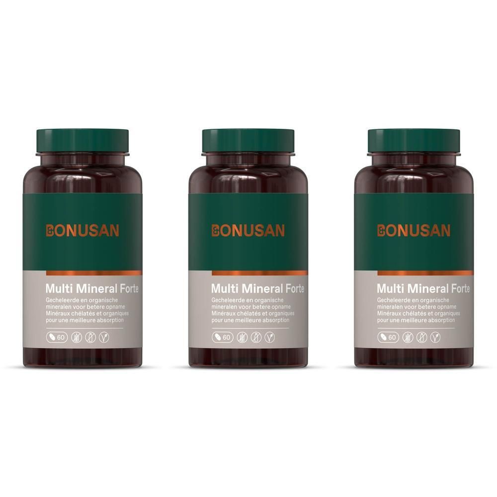 Trois flacons avec bouchons et étiquettes vertes. L'étiquette indique "BONUSAN" et "Multi Mineral Forte".