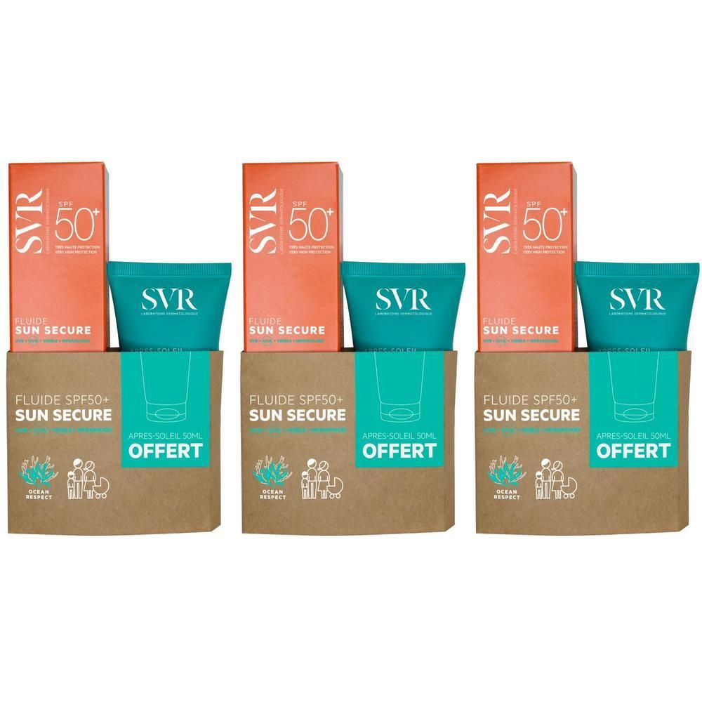 Drie productverpakkingen. Elke verpakking bevat een oranje doos met SPF 50 en een turquoise tube. Opschriften: SVR, SUN SECURE, OFFERT.