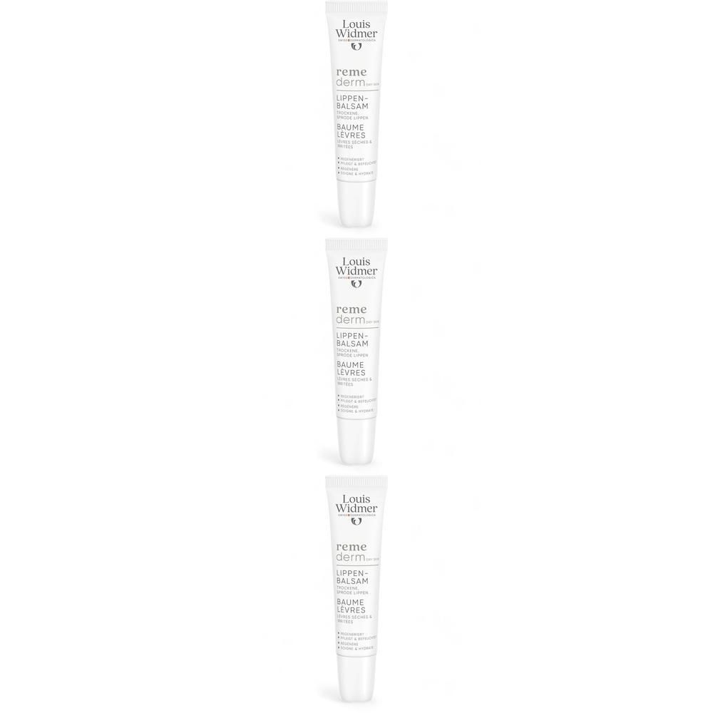 Drie witte lippenbalsemtubes, met productnaam en logo. Verticale opstelling.
