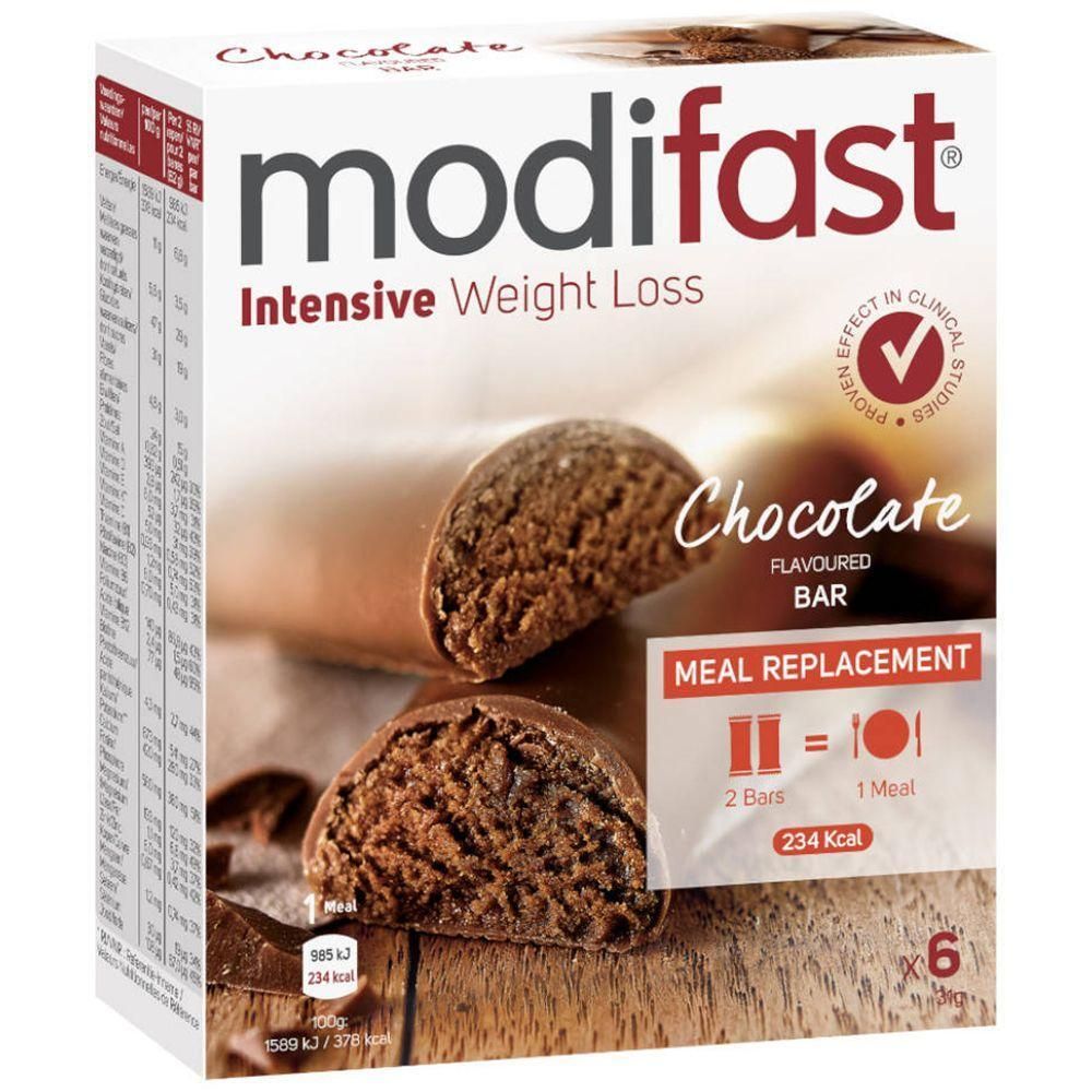 Boîte de barres chocolatées Modifast. Inscription : Intensive Weight Loss, Chocolate Flavoured Bar. 2 barres = 1 repas.