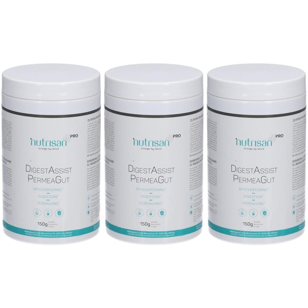 Drie witte potten met deksels. Opschrift: Nutrisan Pro DigestAssist Permeagut. 150g.