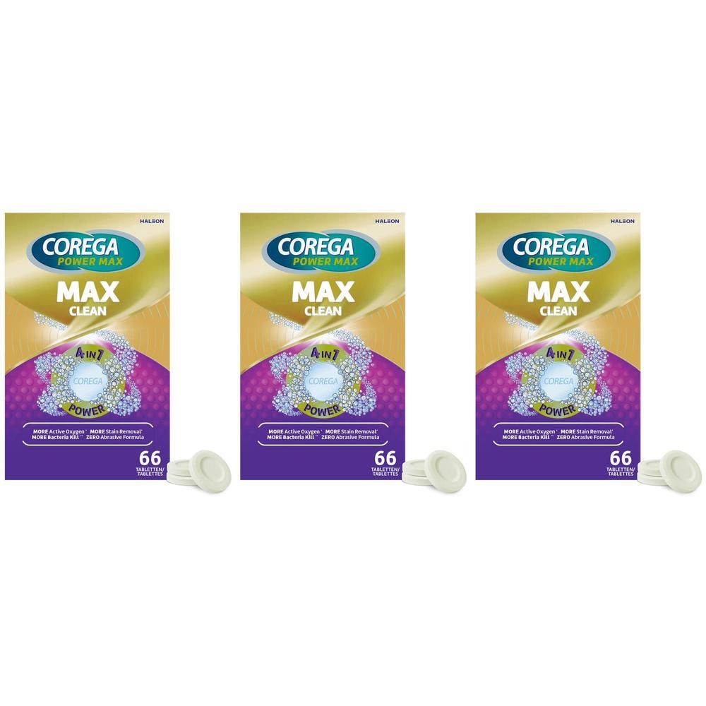 Drie Corega Max Clean 4-in-1 Power tablettenverpakkingen met een tablet ernaast. Opschrift: MAX CLEAN, 66 tabletten.