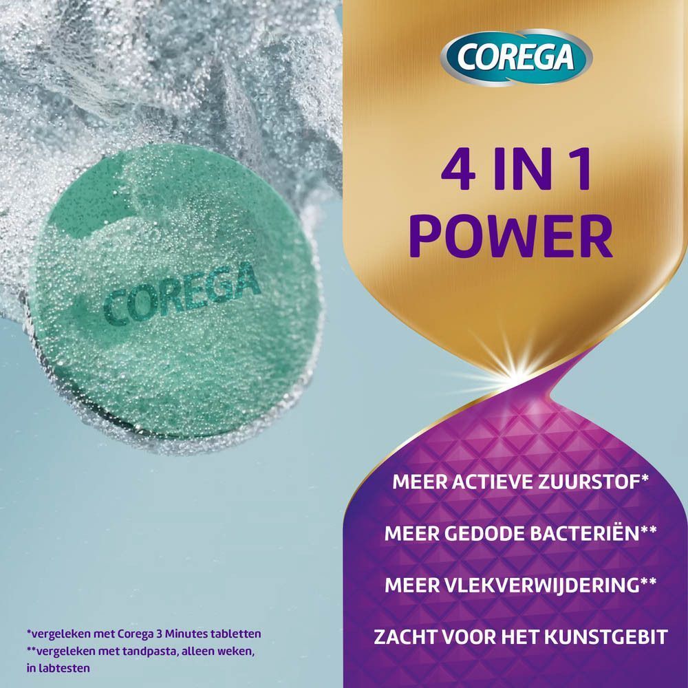 Corega tablet in water, met tekst: 4 IN 1 POWER, MEER ACTIEVE ZUURSTOF, MEER GEDODE BACTERIËN, ZACHT VOOR HET KUNSTGEBIT.
