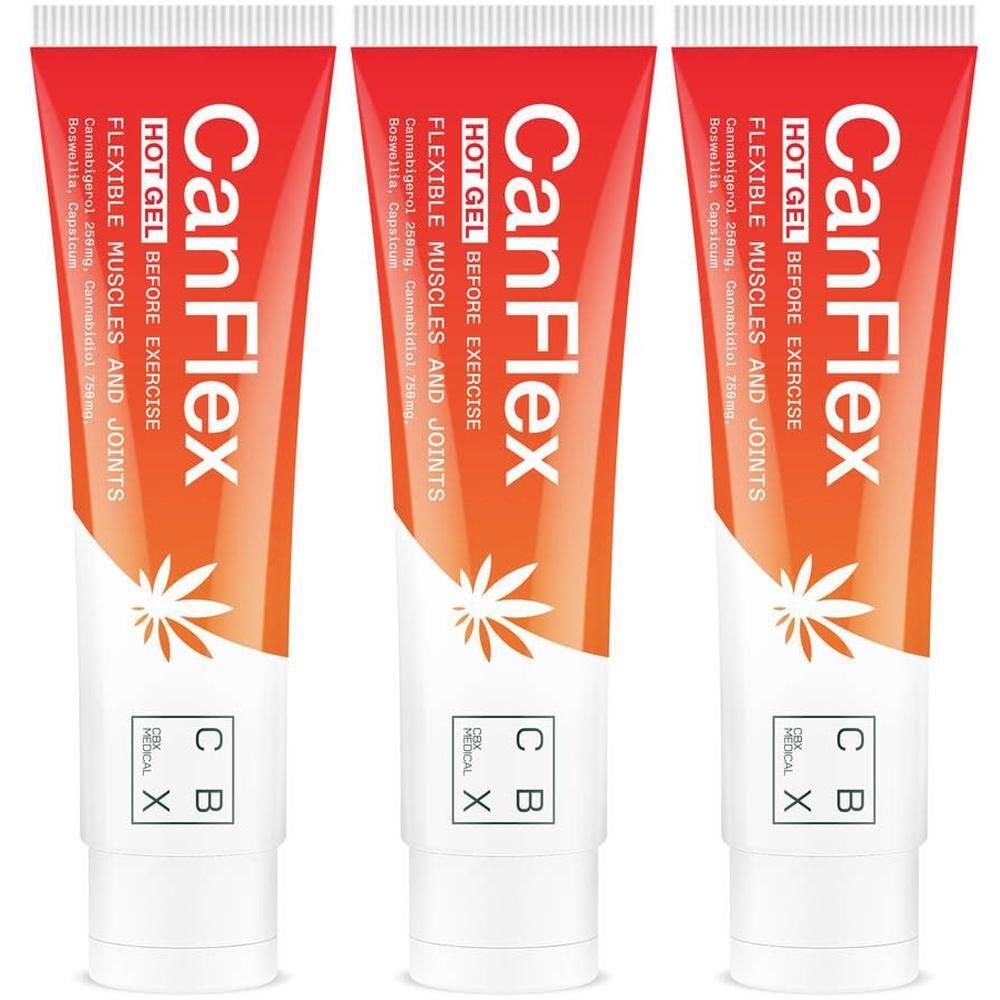 Drie tubes CanFlex Hot Gel. Rode en witte verpakking met productnaam en logo. Cannabisblad-symbool.