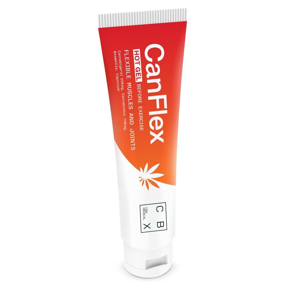 Tube CanFlex Hot Gel. Rode en witte verpakking met productnaam en logo. Cannabisblad-symbool.