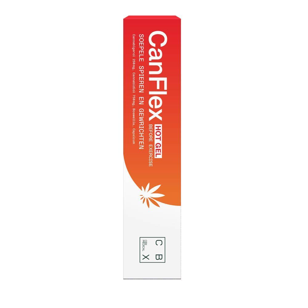 Doos CanFlex Hot Gel. Rode en witte verpakking met productnaam en logo. Cannabisblad-symbool.