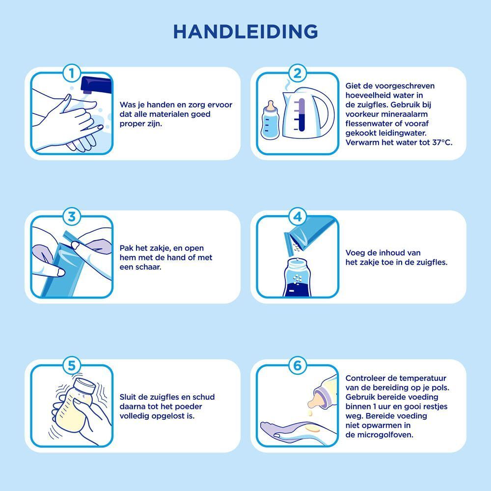 Stapsgewijze instructies voor het bereiden van babyvoeding met illustraties.