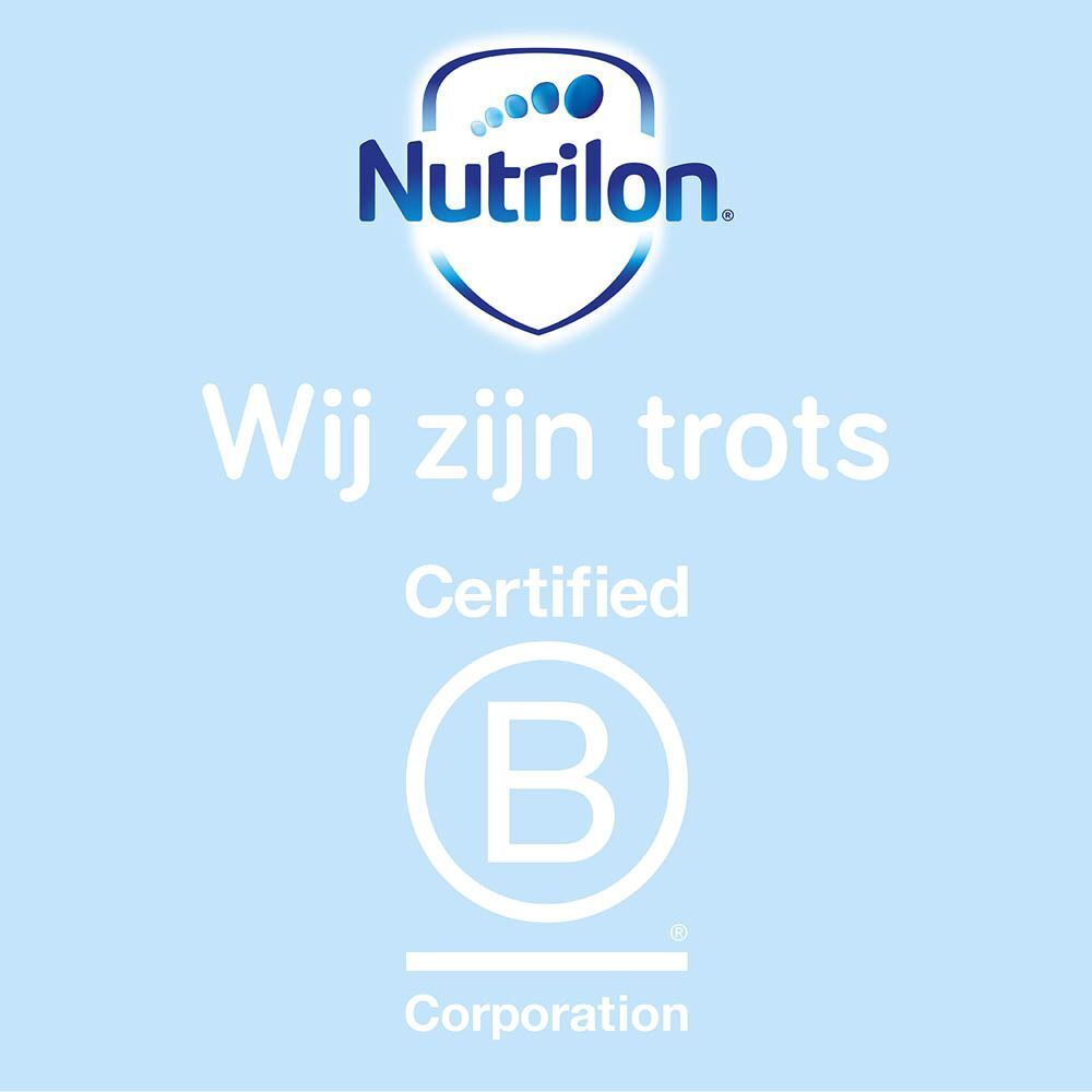 Nutrilon logo boven de tekst 'Wij zijn trots' en het B Corp certificaat.