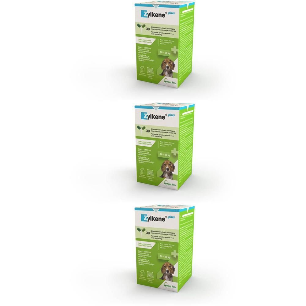 Drie groene dozen met "Zylkene plus" logo, 30 capsules, afbeelding van een hond. Verpakking voor middelgrote honden.