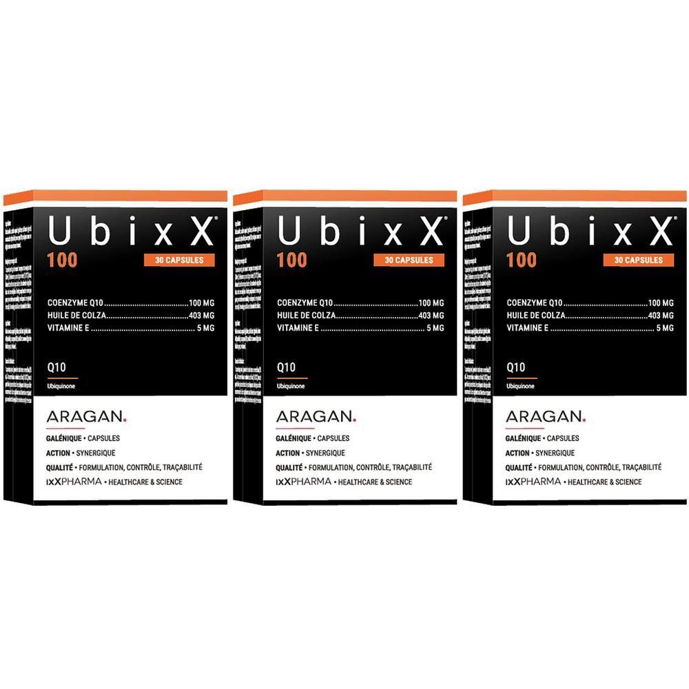 Trois boîtes UbixX 100. Emballage noir et orange avec informations produit et logo.