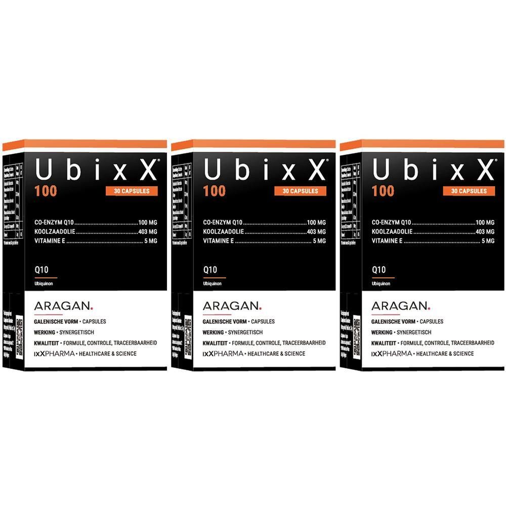 Drie dozen UbixX 100. Zwarte en oranje verpakking met productinformatie en logo.