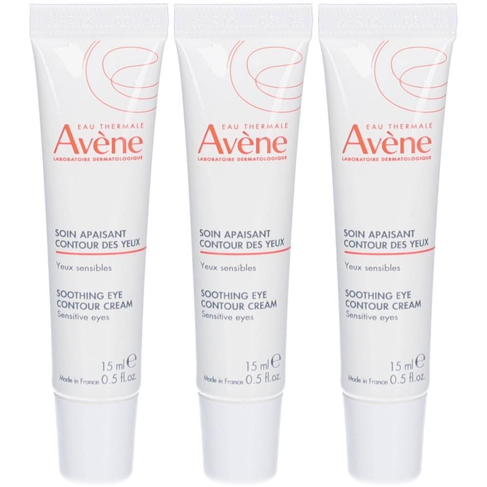 Trois tubes de crème pour les yeux Avène. Blanc avec texte rouge. Soin apaisant contour des yeux, 15 ml.