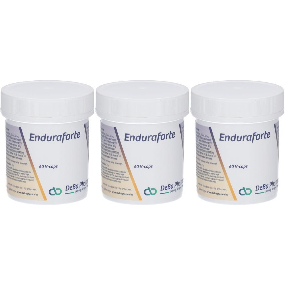 Drie potjes met witte deksel, gelabeld 'Enduraforte 60 V-caps' en 'DeBo Pharma'.
