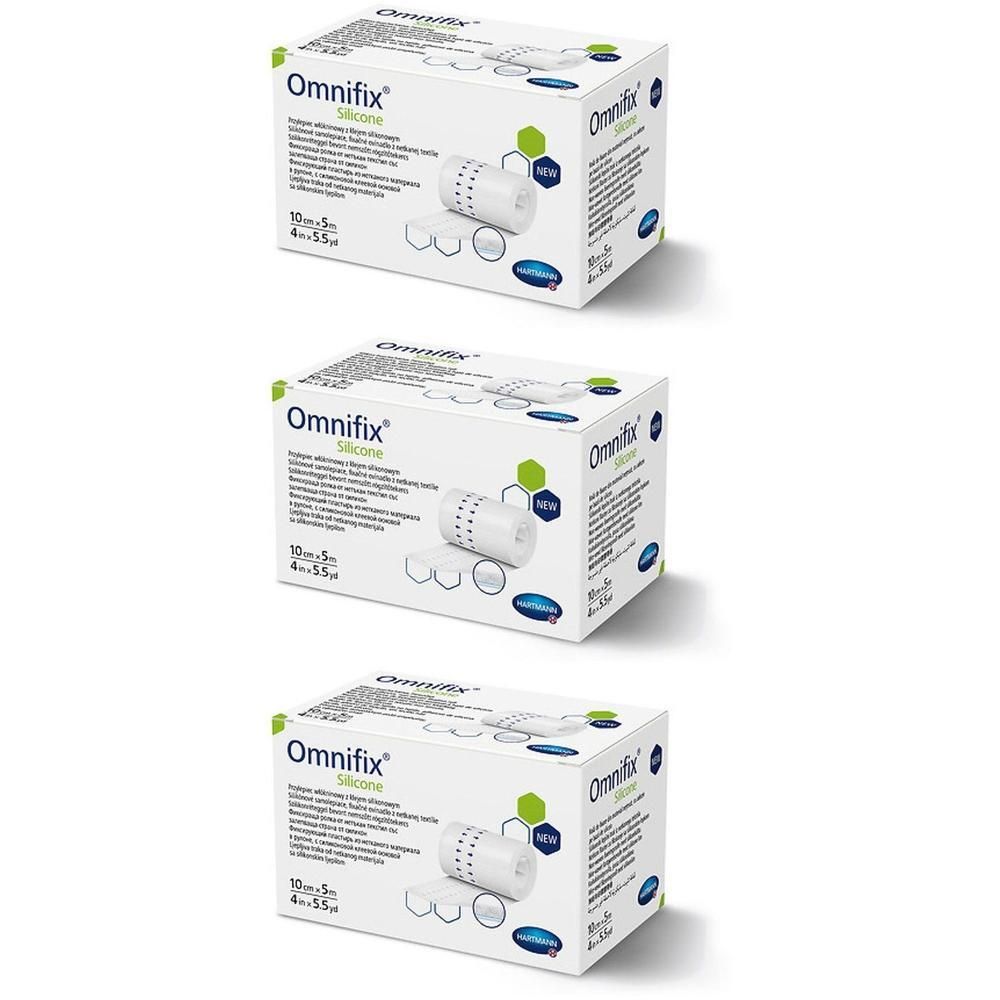 Drie dozen Omnifix Silicone. Witte verpakking met productafbeelding en tekst. Afmetingen: 10 cm x 5 m.