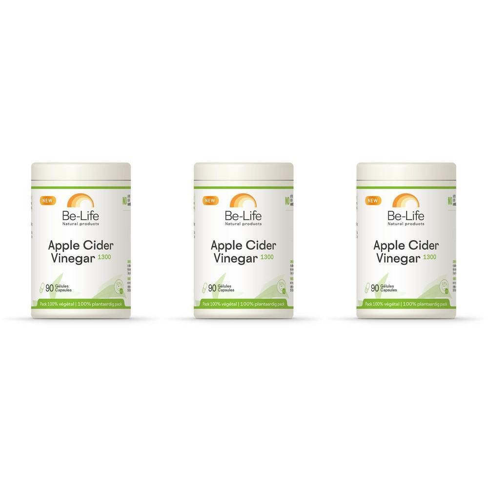 Trois boîtes blanches avec l'inscription "Be-Life Apple Cider Vinegar 1300". Inscription: 90 capsules.