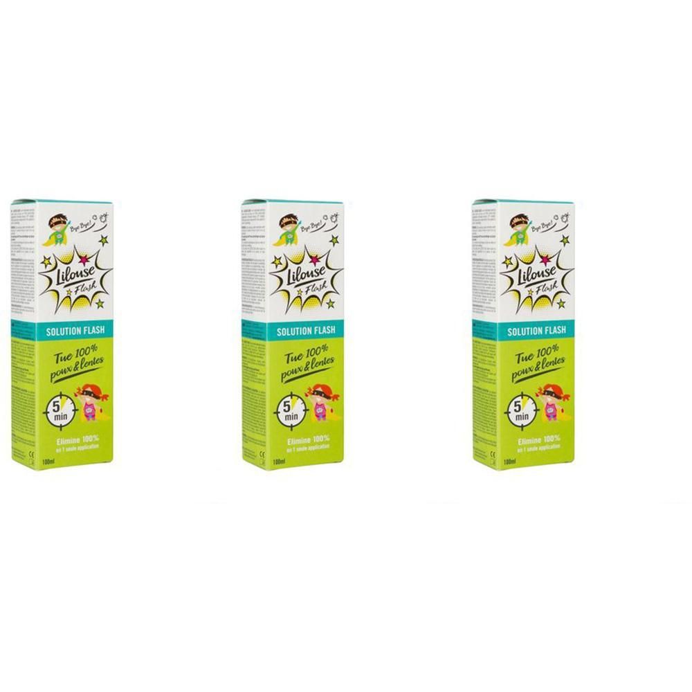 Trois boîtes vertes avec texte blanc. Inscription: Lilouse Flash Solution, 100% efficace contre les poux, 5 minutes.