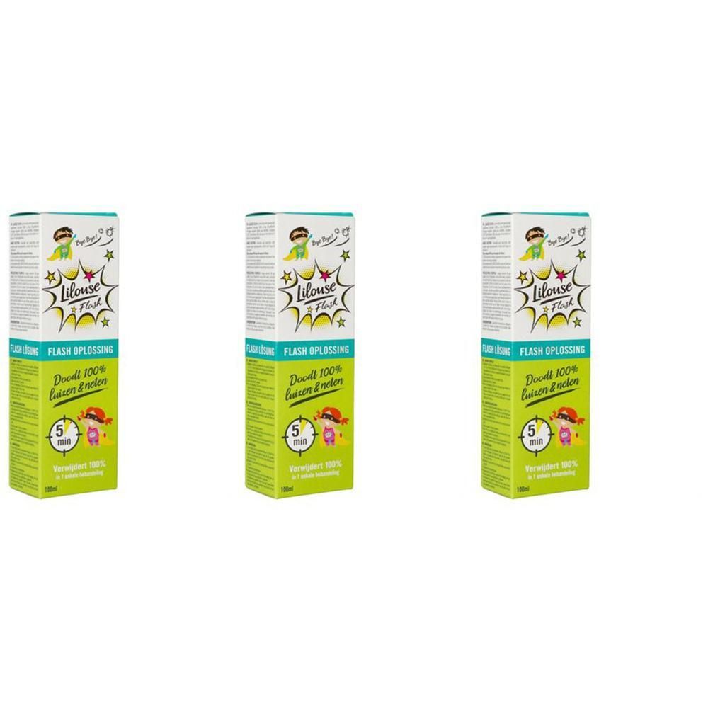 Drie groene dozen met witte tekst. Opschrift: Lilouse Flash Oplossing, 100% effectief tegen luizen, 5 minuten.