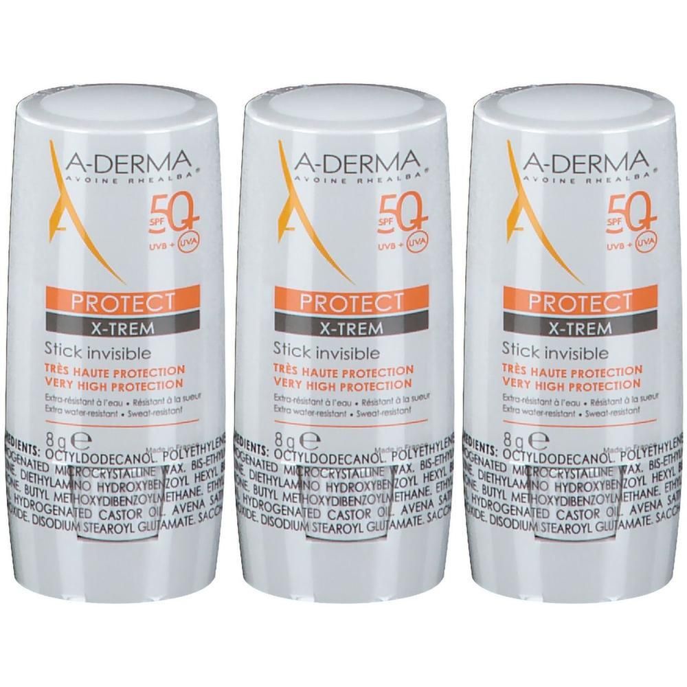 Trois sticks blancs avec inscriptions orange. Inscription : A-DERMA PROTECT X-TREM Stick invisible SPF50+. Très haute protection solaire.