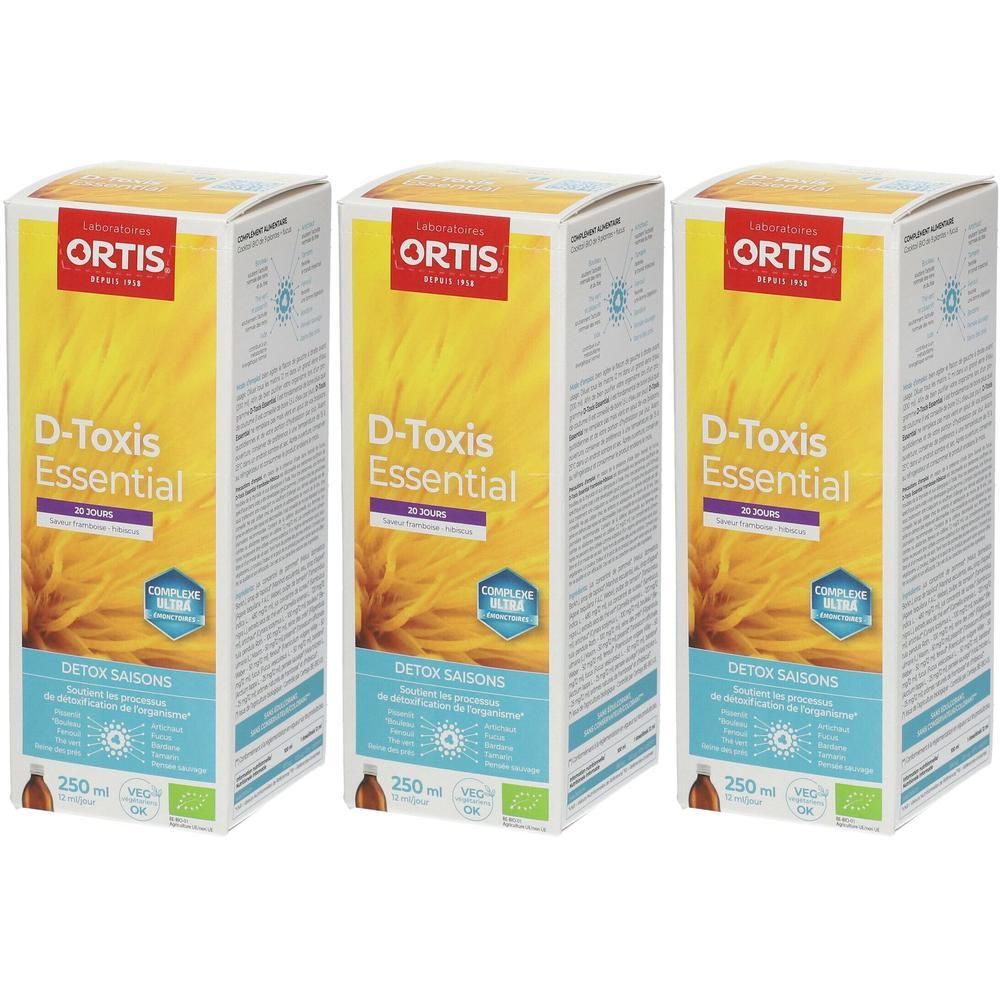 Drie dozen Ortis D-Toxis Essential. Gele achtergrond, witte en blauwe tekst. Opschrift: Detox Saisons, 250 ml, bio-label.