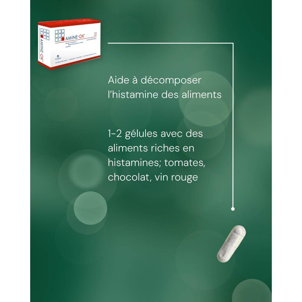 Boîte AMINE-OK avec une gélule et texte sur le soutien du métabolisme de l'histamine.