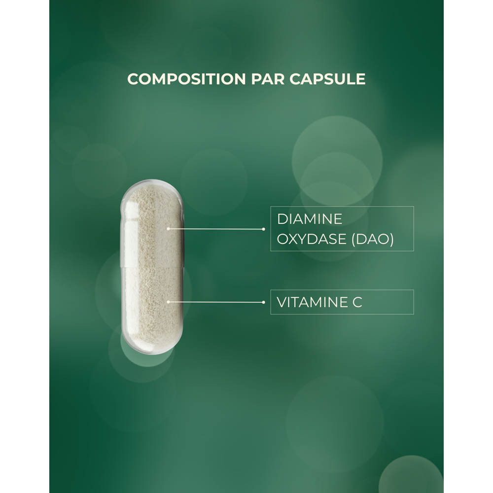 Capsule contenant de la Diamine Oxydase (DAO) et de la Vitamine C. Composition par capsule.