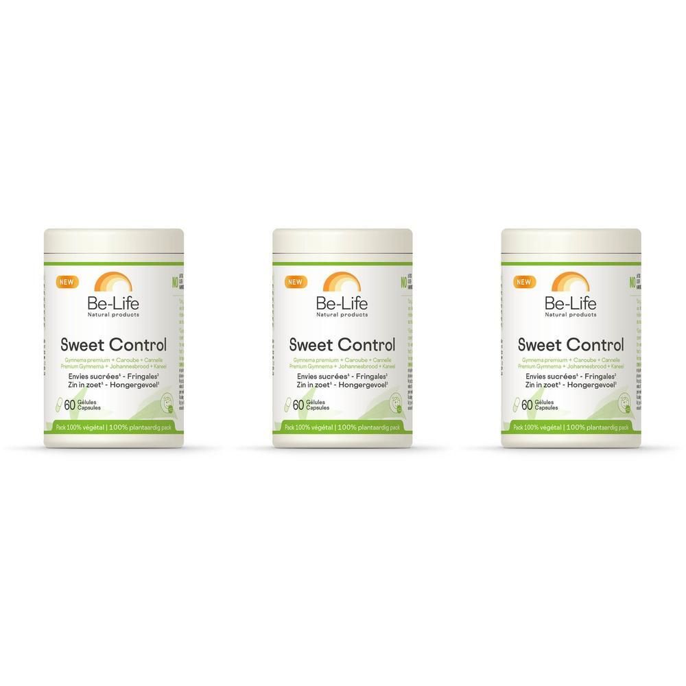 Drie witte potten met groen etiket. Opschrift: Be-Life Sweet Control. Bevat 60 capsules.