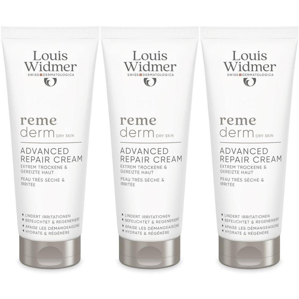 Drie witte crèmetubes met zilveren dop. Opschrift: Louis Widmer, Remederm, Advanced Repair Cream, voor de droge huid.