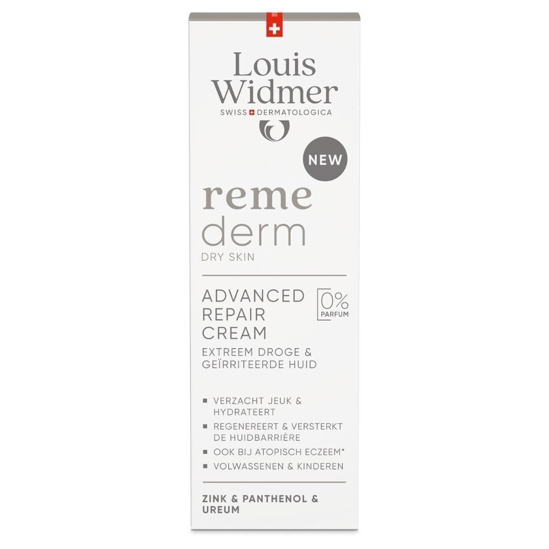 Witte verpakking met opschrift: Louis Widmer, Remederm, Advanced Repair Cream, voor extreem droge en geïrriteerde huid. 0% parfum.