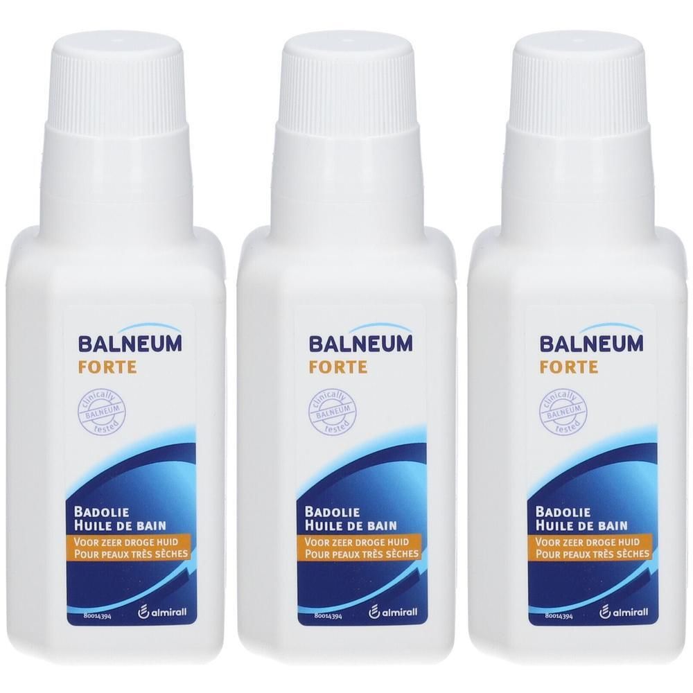 Trois flacons blancs avec bouchon à vis. Chaque flacon porte l'inscription "BALNEUM FORTE" et "BADOLIE HUILE DE BAIN".