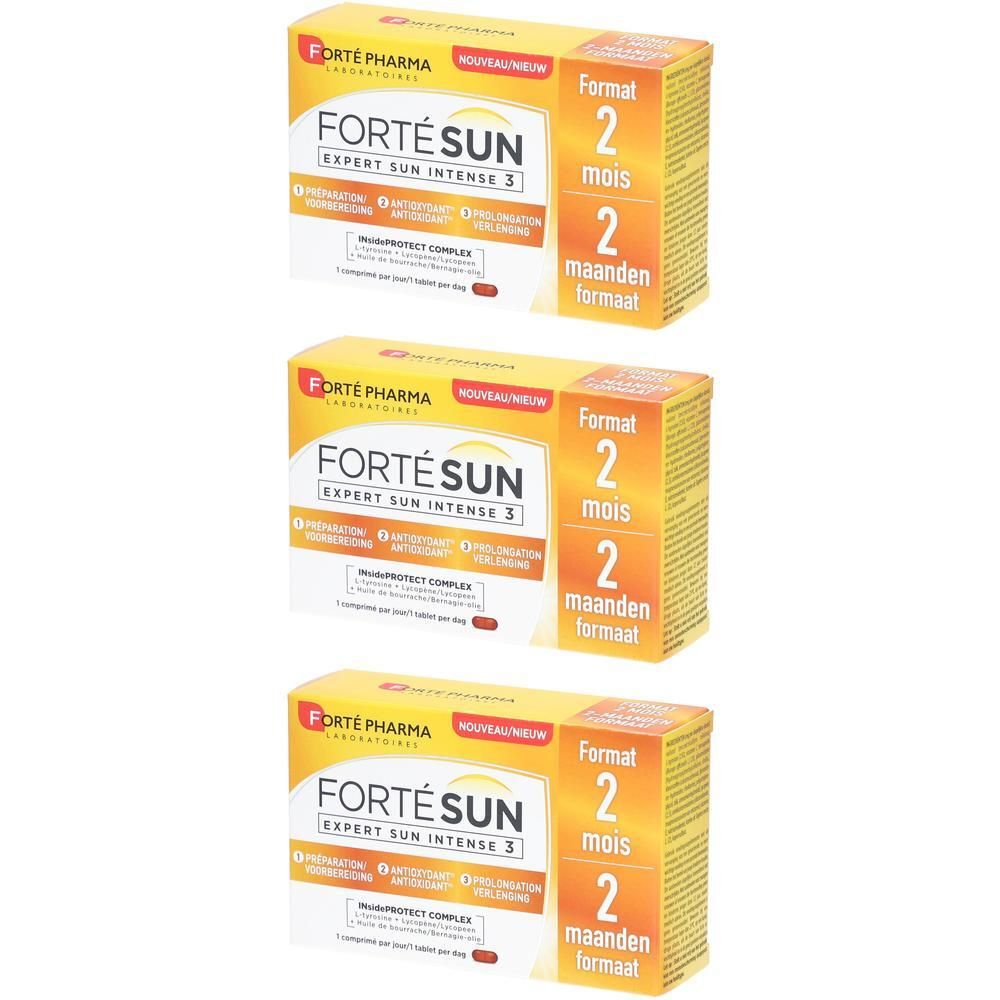 Trois boîtes de Fortésun Expert Sun Intense 3. Emballage jaune avec nom du produit et indication de format. Inscription : 2 mois.