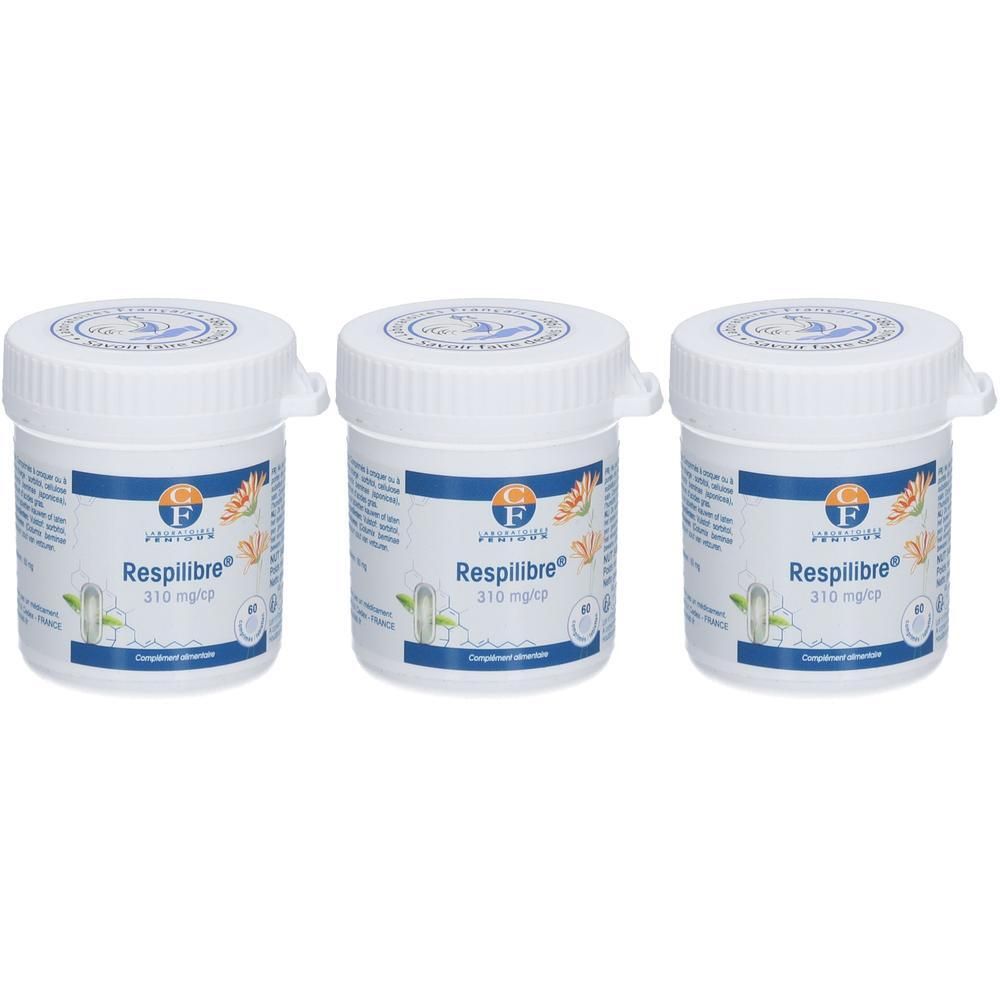 Drie witte potten met deksels. Opschrift Respilibre, 310 mg/k. Voedingssupplement.