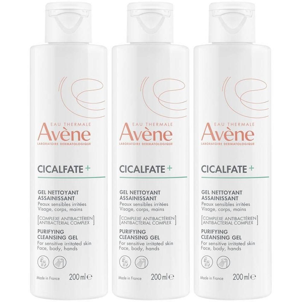 Drie flessen Avène Cicalfate+ Gel nettoyant assainissant. Witte flessen met etiket. 200ml.