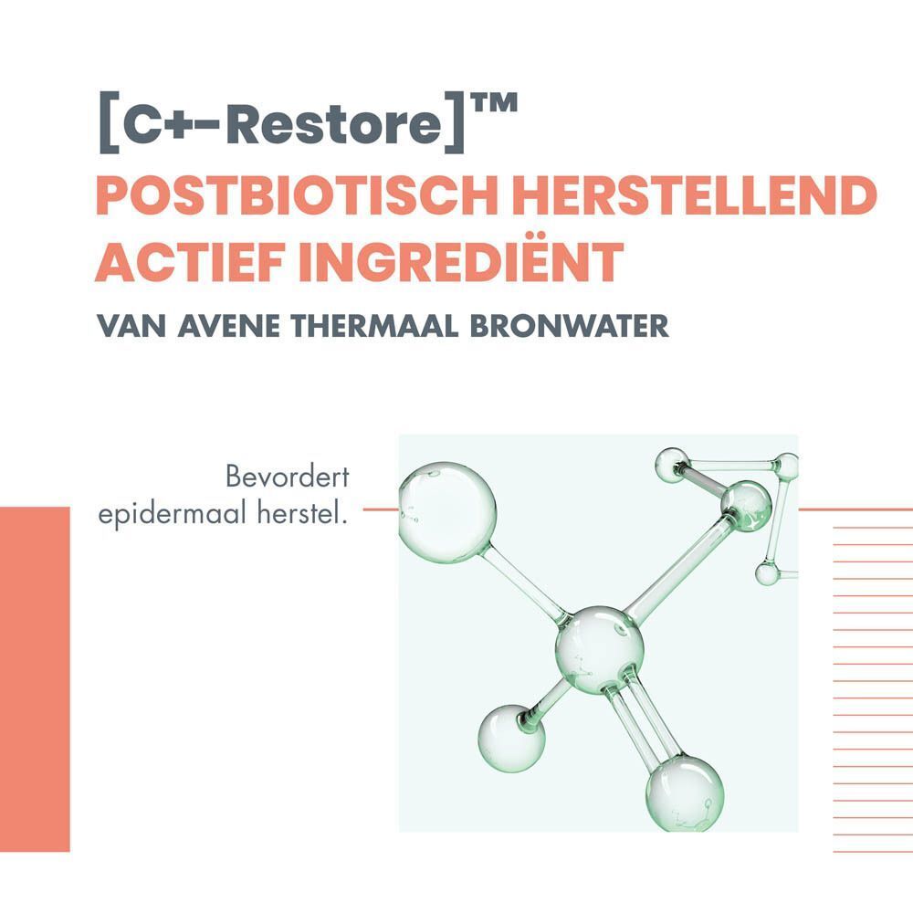 Grafiek met moleculaire structuur. Tekst: [C+-Restore]TM postbiotisch herstellend actief ingrediënt van Avène thermaal bronwater. Bevordert epidermale herstel.