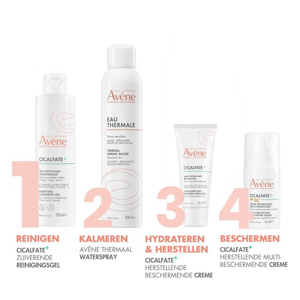 Vier producten: Avène Cicalfate+ Gel, Eau Thermale, Cicalfate+ Crème, Cicalfate+ Crème. Tekst: Reinigen, Kalmeren, Hydrateren & Herstellen, Beschermen.