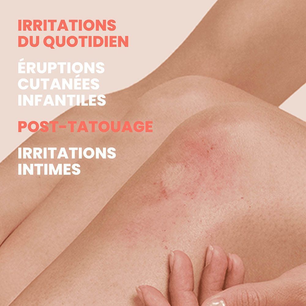Zone cutanée présentant des rougeurs et irritations, texte en français sur les irritations du quotidien.