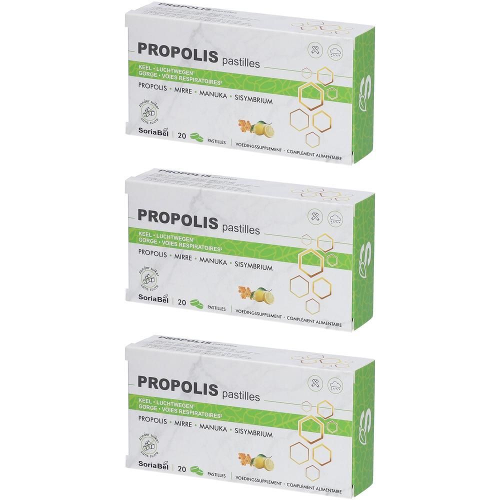 Trois boîtes de "PROPOLIS pastilles". Inscription: SoriaBel, 20 pastilles. Emballage vert et blanc avec motif en nid d'abeille.